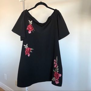 Off the Shoulder Black Dress with Rose Embroidery
